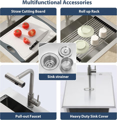 Lordear 21'' Stainless Steel Drop-in Single Bowl Outdoor Workstation Bar Sink with Pull-out Faucet and Cover from Lordear