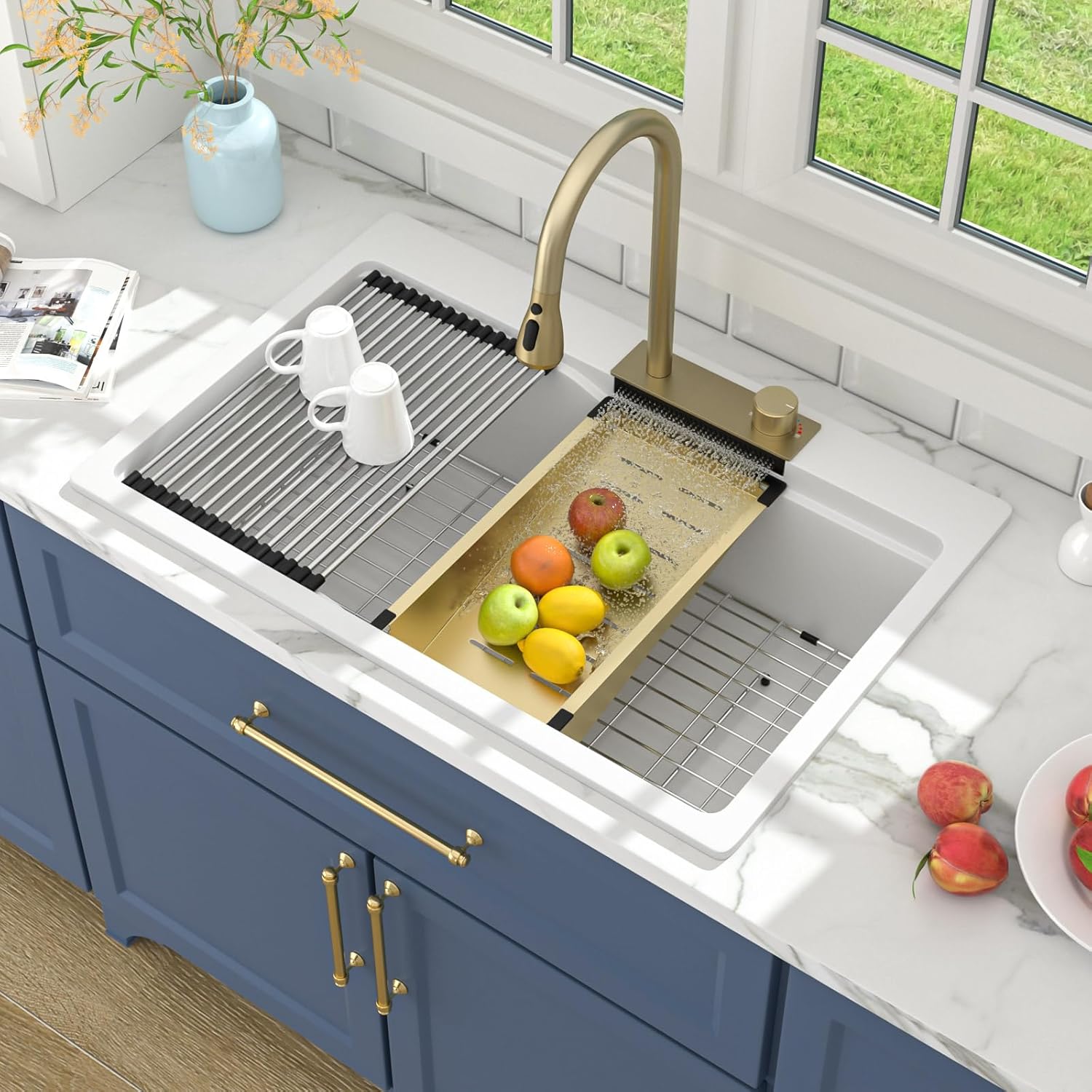 Modern kitchen sink with gold faucet and blue cabinets