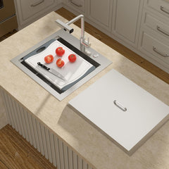 Lordear 21'' Stainless Steel Drop-in Single Bowl Outdoor Workstation Bar Sink with Pull-out Faucet and Cover from Lordear