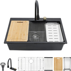 Lordear 33'' x 22'' Drop-in Waterfall Single Bowl Quartz Workstation Kitchen Sink