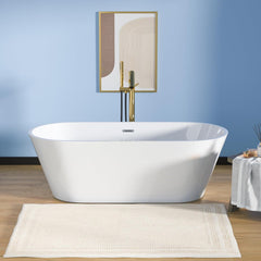 Lordear 67'' White Acrylic Oval Freestanding Bathtub with Overflow and Drain