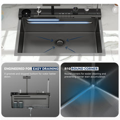 Lordear Drop-in Single Bowl Waterfall Stainless Steel Workstation Kitchen Sink with Digital Display in Honeycomb Finish