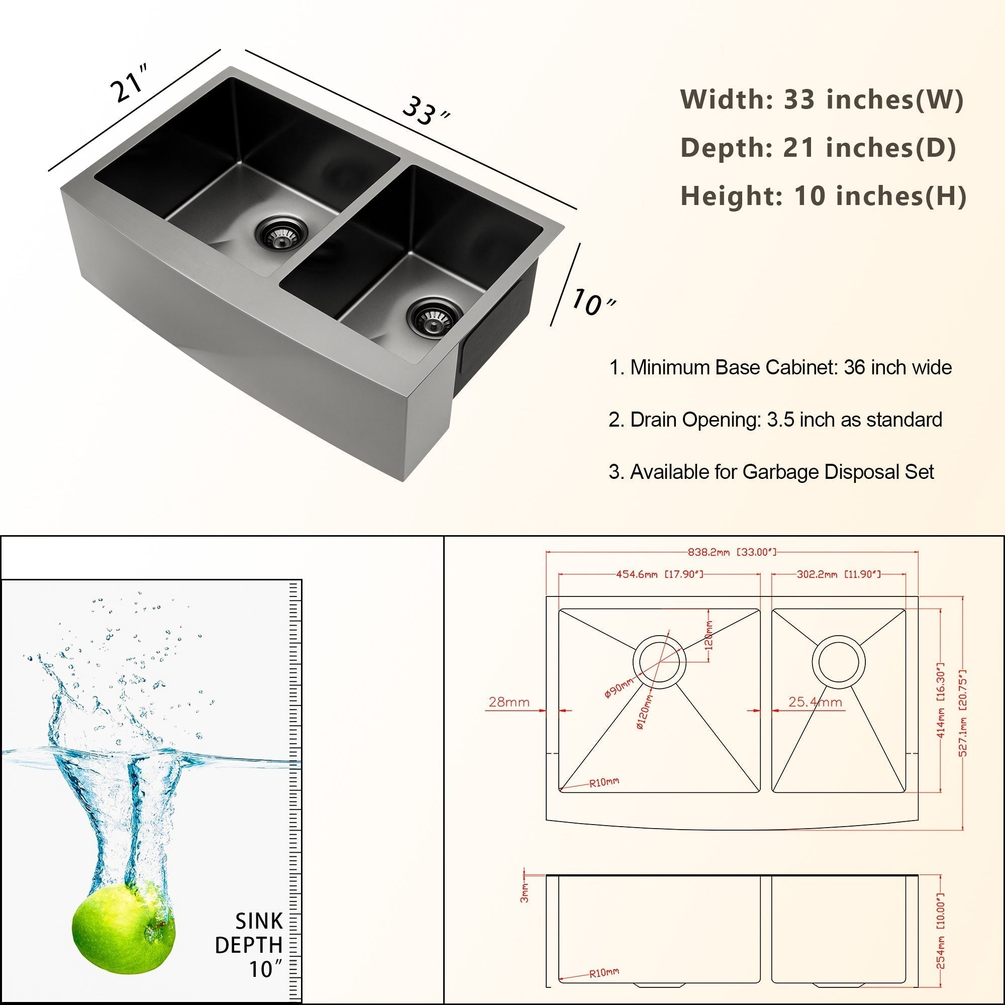Lordear 33'' Stainless Steel Double Bowl Gunmetal Black Apron Front Farmhouse Kitchen Sink from Lordear