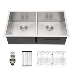33 Inch Undermount Double Sink - Lordear Stainless Steel Double Kitchen Sink 18 Guage Double Bowl 50/50 Kitchen Sink 33x19x9 Inch Double Sinks | Kitchen Undermount Sink | Lordear