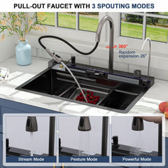 Lordear 33 Inch Undermount Single Bowl Waterfall Stainless Steel Workstation Kitchen Sink With Faucet