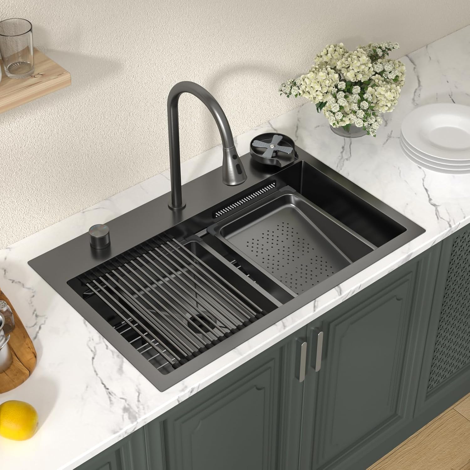 Lordear 31'' Stainless Steel Single Bowl Topmount Waterfall Workstation Kitchen Sink with Pull Out Faucet from Lordear