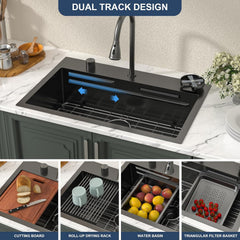 Lordear 31'' Stainless Steel Single Bowl Topmount Waterfall Workstation Kitchen Sink with Pull Out Faucet from Lordear
