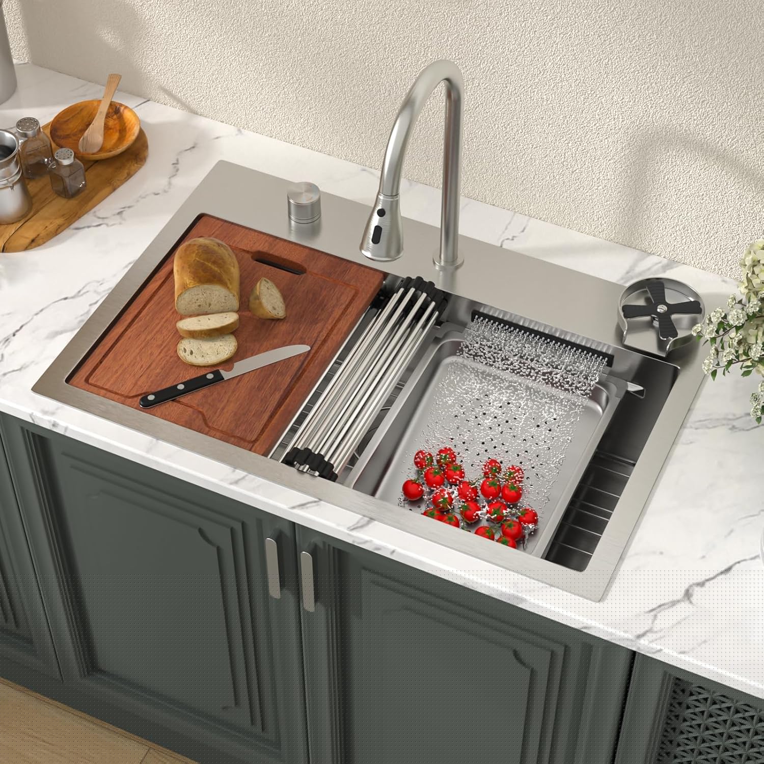 Lordear 31'' Stainless Steel Single Bowl Topmount Waterfall Workstation Kitchen Sink with Pull Out Faucet from Lordear