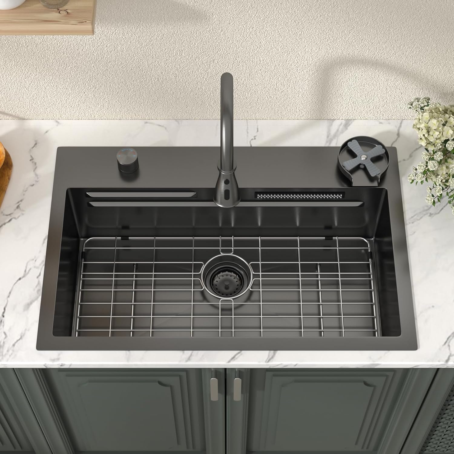 Lordear 31'' Stainless Steel Single Bowl Topmount Waterfall Workstation Kitchen Sink with Pull Out Faucet from Lordear