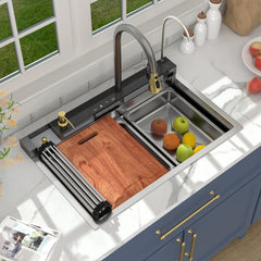 Lordear 30'' Digital Display Drop In Waterfall Single Bowl Stainless Steel Workstation Kitchen Sink