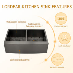 Lordear 36'' Stainless Steel Gunmetal Black Apron Front Double Bowl Farmhouse Kitchen Sink from Lordear