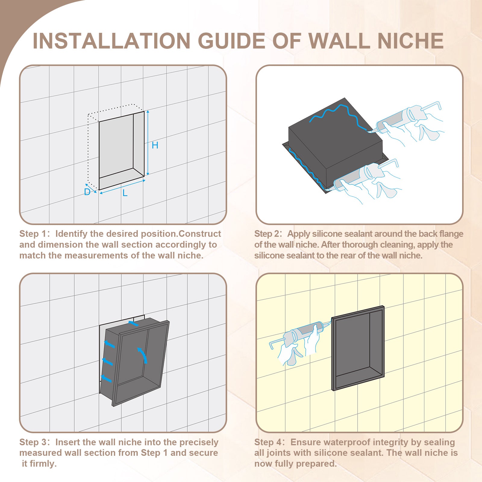 Lordear 14 x 14 Inch Stainless Steel Bathroom Niche Gunmetal Black Shower Wall Niche No Tile Recessed Square for Storage from Lordear