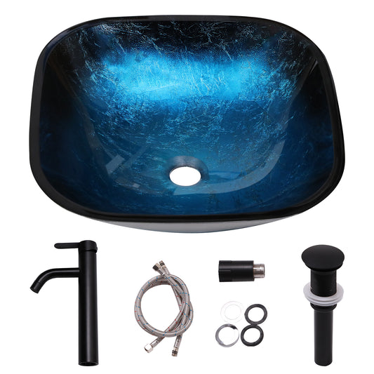 Lordear 16'' L x 16'' W Tempered Glass Blue Vessel Bathroom Sink with Pop-up Drain from Lordear