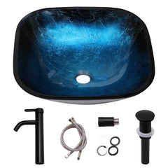 Lordear 16'' L x 16'' W Tempered Glass Blue Vessel Bathroom Sink with Pop-up Drain from Lordear