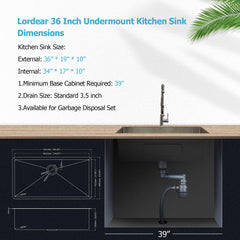 Lordear 36'' Undermount Kitchen Sink Single Bowl
