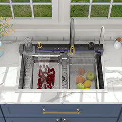 Lordear 30'' Digital Display Drop In Waterfall Single Bowl Stainless Steel Workstation Kitchen Sink