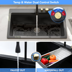 Lordear 33'' x 22'' Drop-in Waterfall Single Bowl Quartz Workstation Kitchen Sink