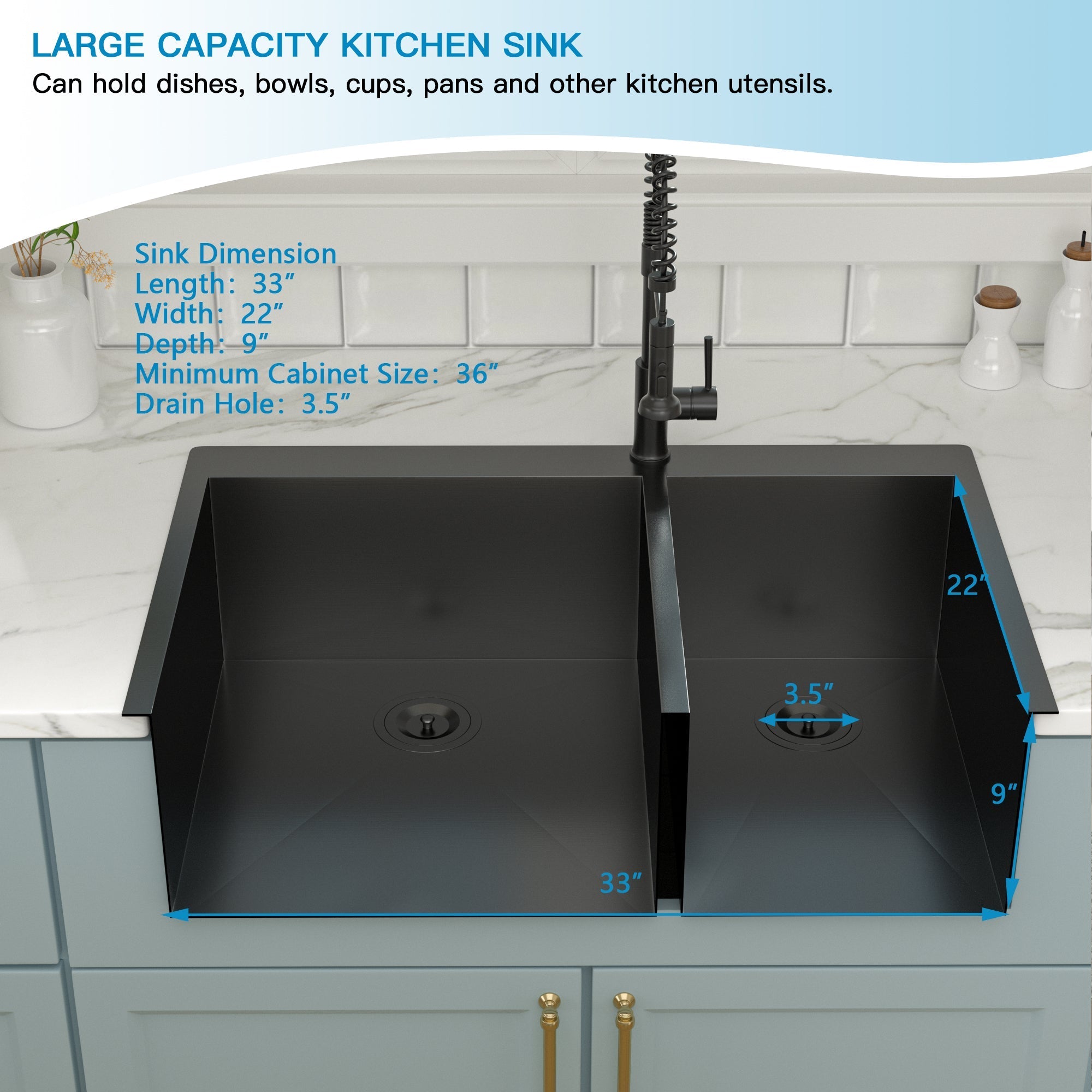 Lordear 33" x 22" Stainless Steel Black 60/40 Double Bowl Drop-In Kitchen Sink from Lordear