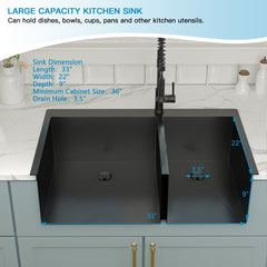 Lordear 33" x 22" Stainless Steel Black 60/40 Double Bowl Drop-In Kitchen Sink from Lordear