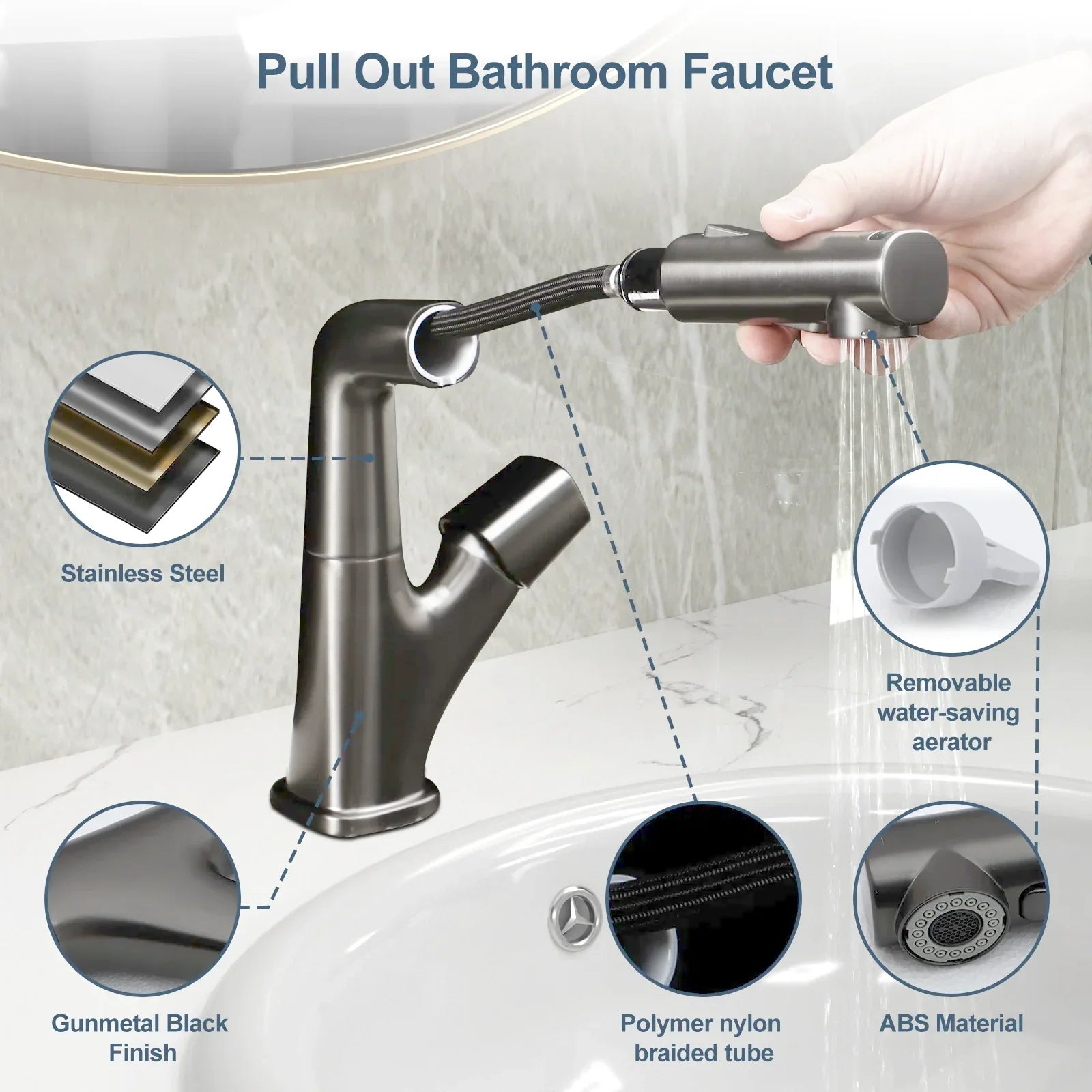 Lordear Stainless Steel 3 Modes 360° Rotating Pull Down Sprayer Bathroom Faucet  from Lordear