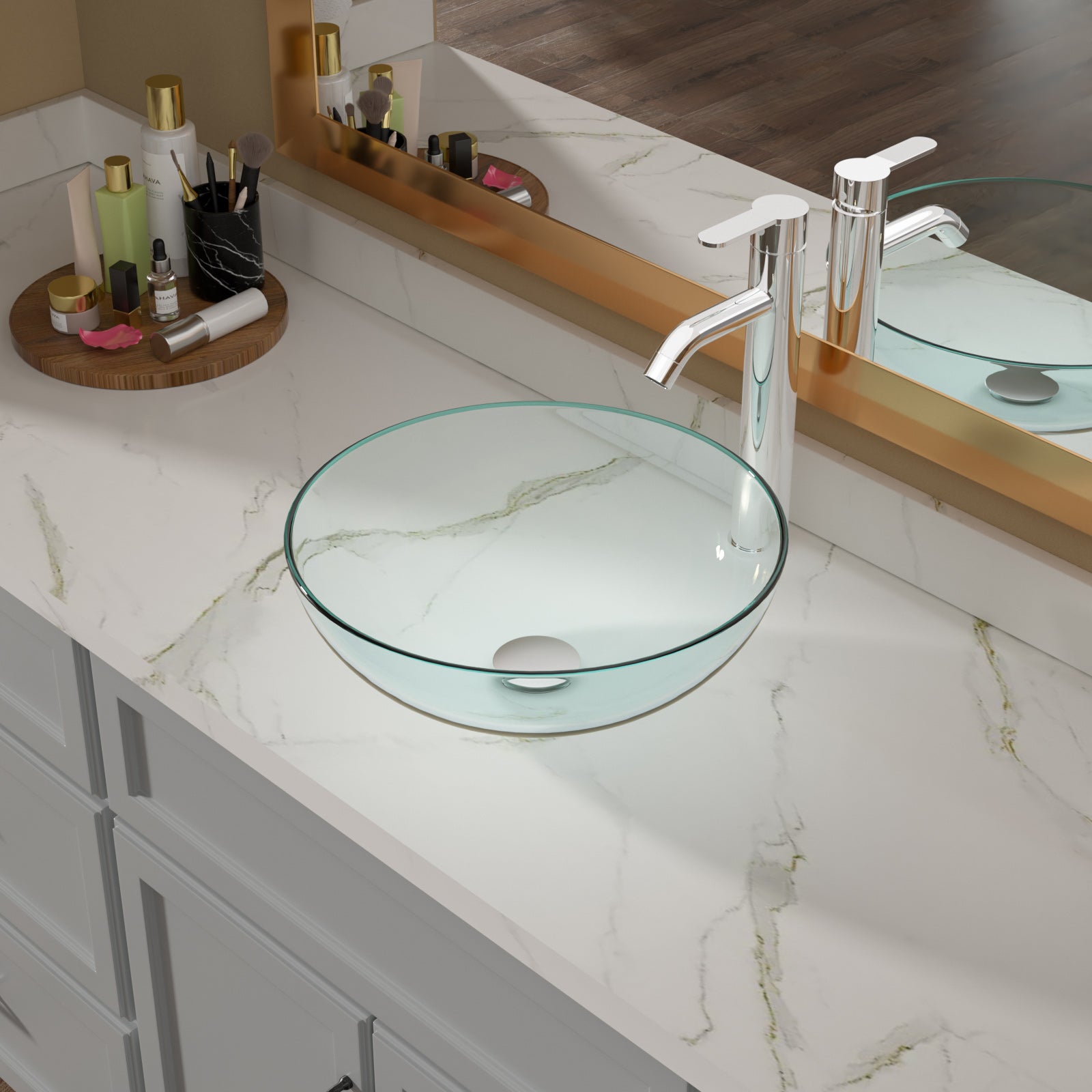 Lordear 14'' x 14'' Clear Tempered Glass Vessel Bathroom Sink with Pop-up Drain from Lordear