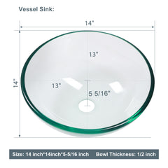 Lordear 14'' x 14'' Clear Tempered Glass Vessel Bathroom Sink with Pop-up Drain from Lordear