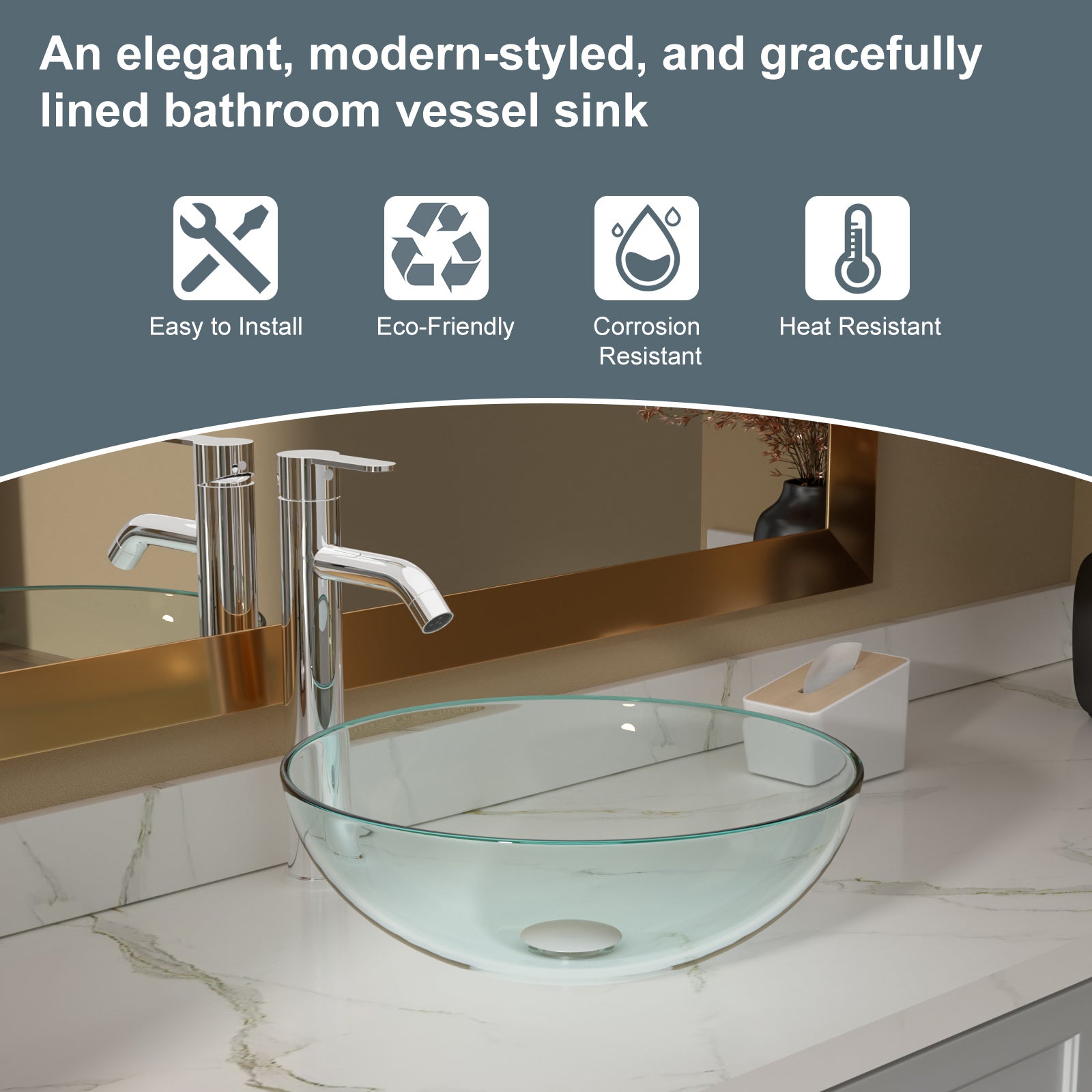Lordear 14'' x 14'' Clear Tempered Glass Vessel Bathroom Sink with Pop-up Drain from Lordear