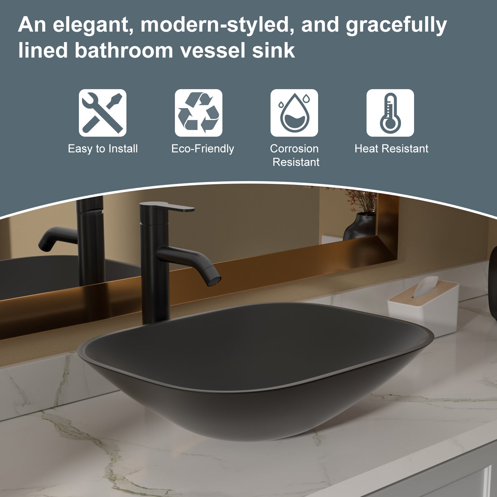 Lordear Tempered Glass Rectangular Matte Black Vessel Bathroom Sink with Faucet and Drain from Lordear
