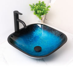 Lordear 16'' L x 16'' W Tempered Glass Blue Vessel Bathroom Sink with Pop-up Drain from Lordear