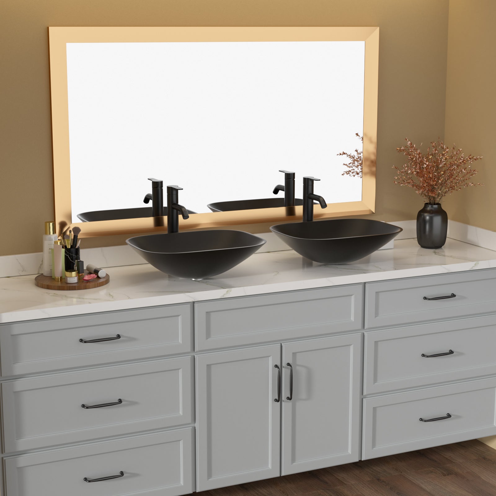 Lordear Tempered Glass Rectangular Matte Black Vessel Bathroom Sink with Faucet and Drain from Lordear