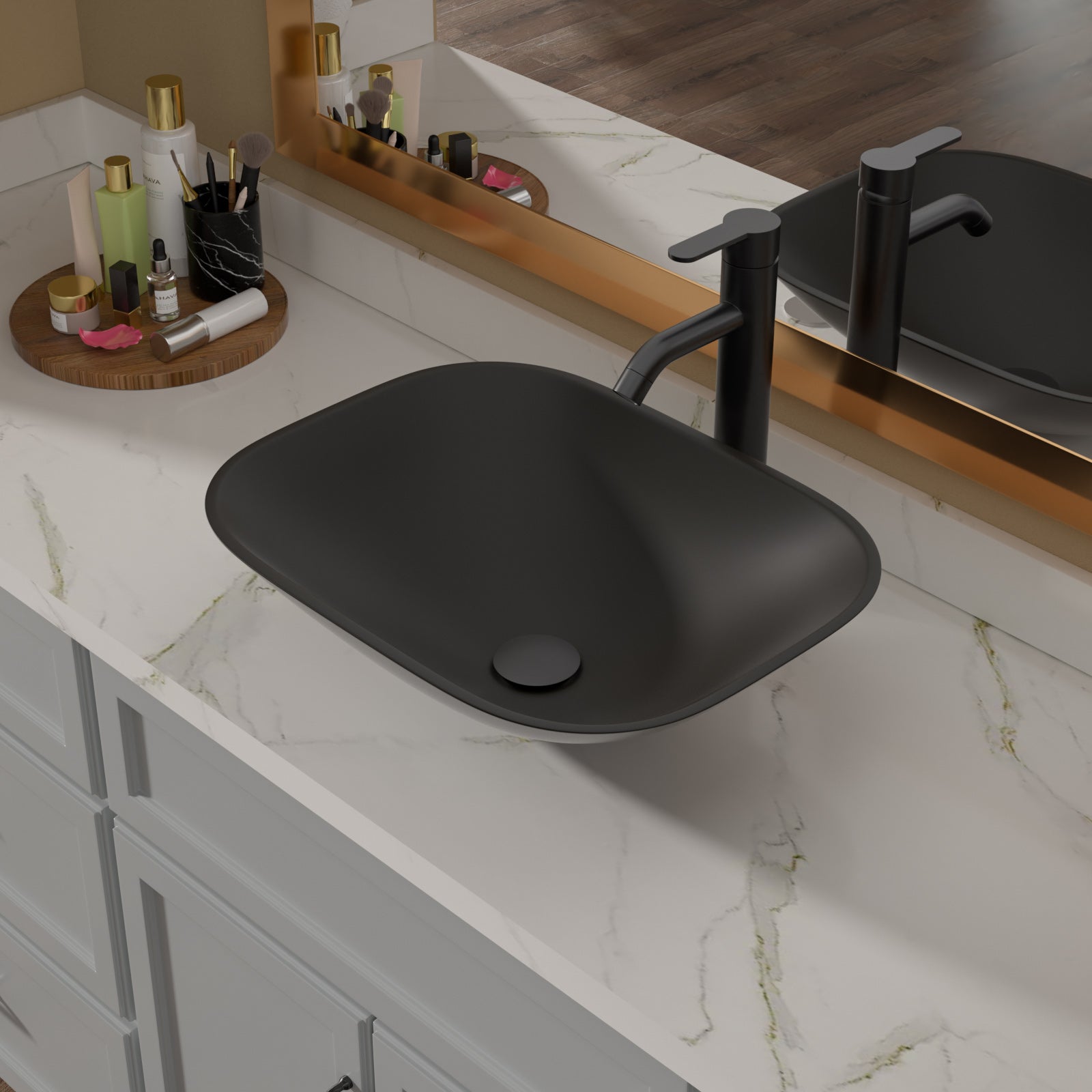 Lordear Tempered Glass Rectangular Matte Black Vessel Bathroom Sink with Faucet and Drain from Lordear