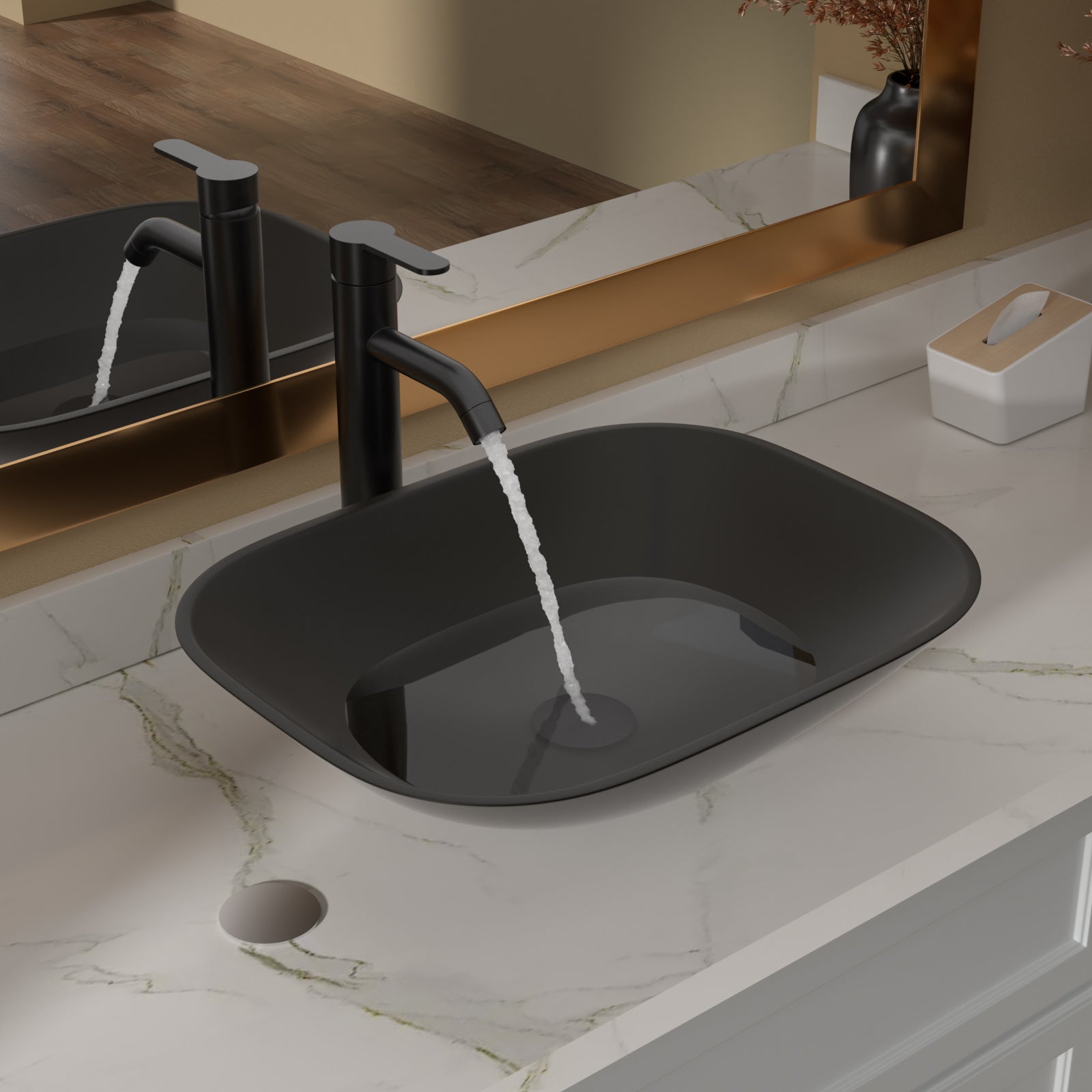 Lordear Tempered Glass Rectangular Matte Black Vessel Bathroom Sink with Faucet and Drain from Lordear