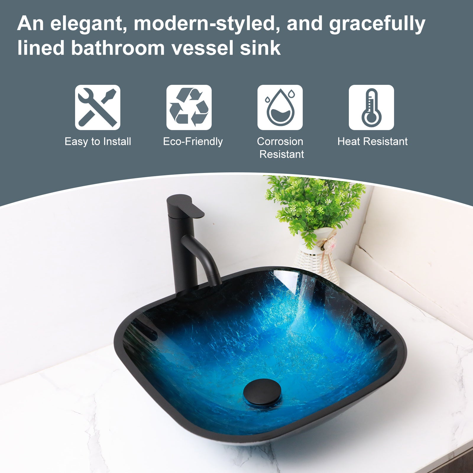 Lordear 16'' L x 16'' W Tempered Glass Blue Vessel Bathroom Sink with Pop-up Drain from Lordear