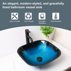 Lordear 16'' L x 16'' W Tempered Glass Blue Vessel Bathroom Sink with Pop-up Drain from Lordear