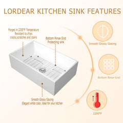 Lordear White Drop-in Single Bowel Fireclay Farmhouse Sink
