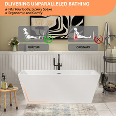 Lordear 67'' White Acrylic Rectangular Freestanding Soaking Tub with Overflow and Drain