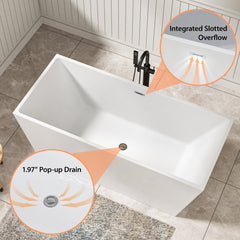 Lordear 67'' White Acrylic Rectangular Freestanding Soaking Tub with Overflow and Drain