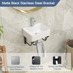 Lordear 16'' x 12'' White Ceramic Wall Mounted Bathroom Sink with Towel Rack