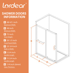 Lordear 48'' x 72'' Framed Bypass Clear Tempered Glass Sliding Shower Door