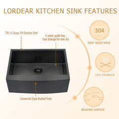 Lordear 24" x 21" Stainless Steel Gunmetal Black Apron Front Farmhouse Kitchen Sink from Lordear
