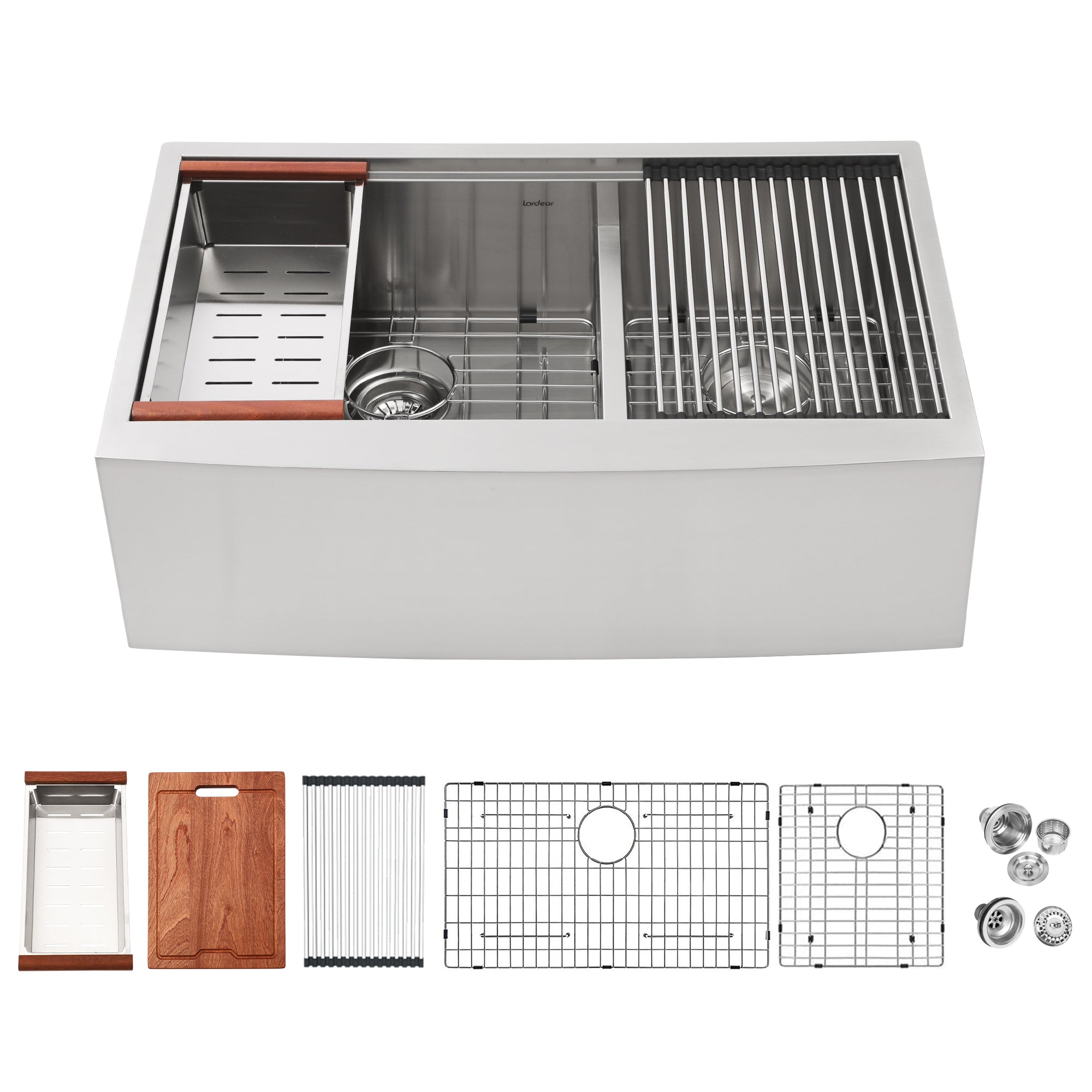 Lordear 33'' x 22'' Stainless Steel Apron Front Double Bowl Workstation Kitchen Sink from Lordear