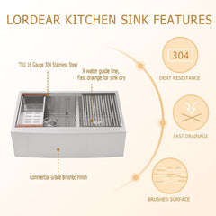 Lordear 33'' x 22'' Stainless Steel Apron Front Double Bowl Workstation Kitchen Sink from Lordear