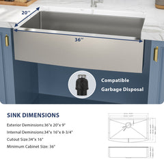 Lordear 36'' Undermount Single Bowl Stainless Steel Farmhouse Sink