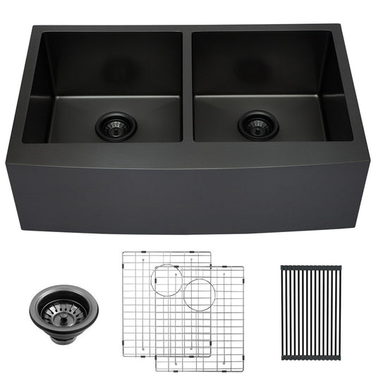 Lordear 36'' Stainless Steel Gunmetal Black Apron Front Double Bowl Farmhouse Kitchen Sink  from Lordear