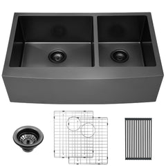 Lordear 33'' Stainless Steel Double Bowl Gunmetal Black Apron Front Farmhouse Kitchen Sink from Lordear