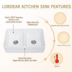 Lordear 32'' x 20'' Ceramic Apron Front Double Equal Bowl Farmhouse Kitchen Sink from Lordear