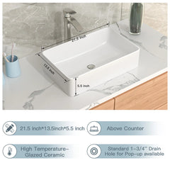 Lordear 21'' x 14'' White Ceramic Countertop Rectangular Bathroom Vessel Sink
