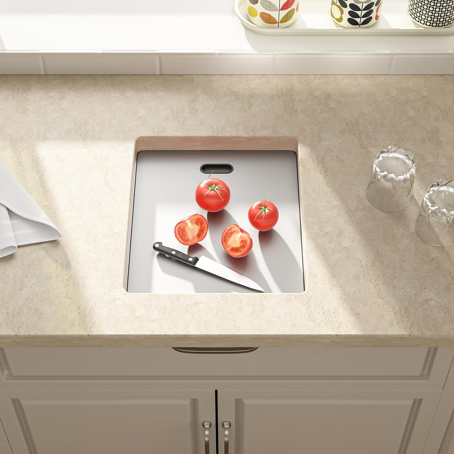 Lordear Kitchen counter with a cutting board, knife, and tomatoes