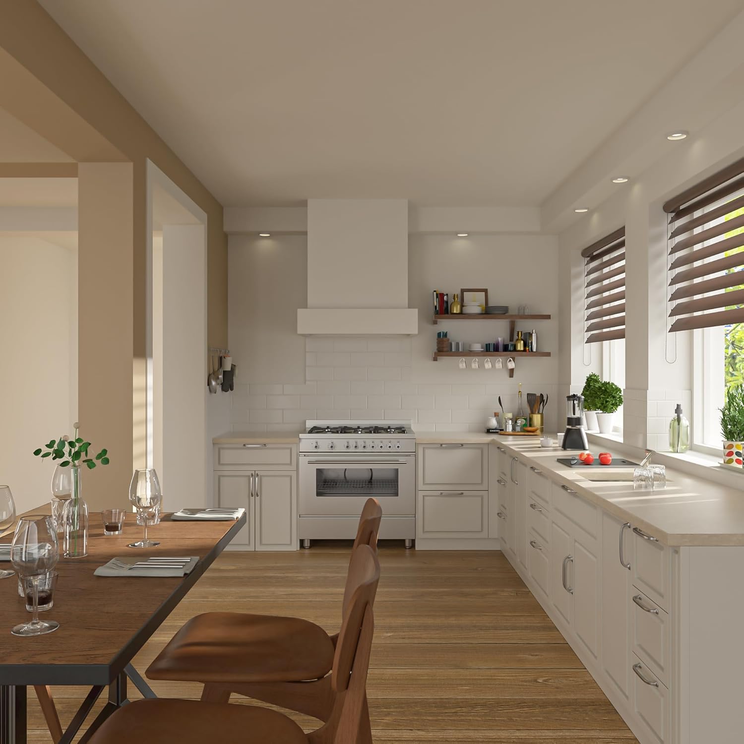 Lordear Modern kitchen with white cabinets, stainless steel appliances, and wooden flooring.