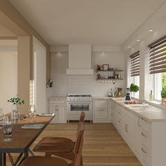 Lordear Modern kitchen with white cabinets, stainless steel appliances, and wooden flooring.